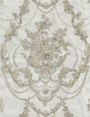 Debona Perla Floral Damask Wallpaper Textured Vinyl Natural Metallic Glitter