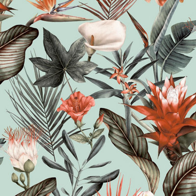 B&Q -  Floral Leaf Tropical Plant Jungle Leaves Duck Egg Wallpaper 5071