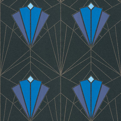 Debona Isadora Art Deco Retro Glitter Textured Black Blue Gold Wallpaper 2492 from B&Q