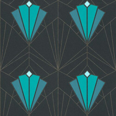 Debona Isadora Art Deco Retro Glitter Textured Black Teal Gold Wallpaper 2493 from B&Q