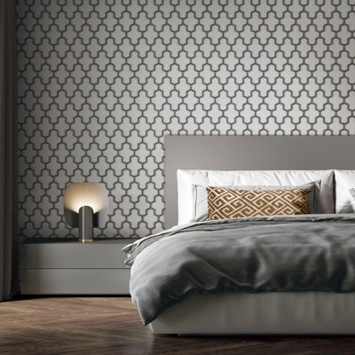 Debona Black/White/Silver Fabric Touch Vinyl Geometric Trellis Wallpaper 9106 10M