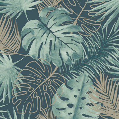 Debona Laguna Tropical Green Gold Glitter Palm Leaf Jungle Wallpaper 6370 from B&Q