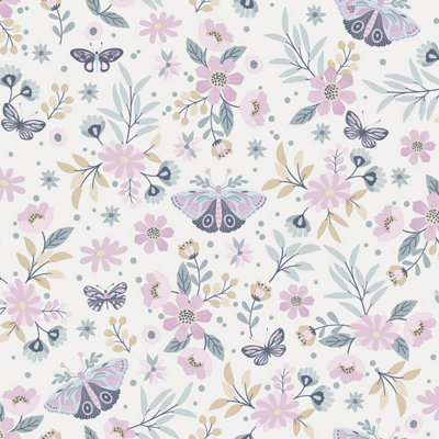 Sweet Meadow Wallpaper - Pink Flowers & Butterflies - Girls Bedroom Feature Wall - Textured Paper with Metallic Silver Detail - Image 5