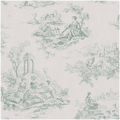 Yes-Online Toile De Jouy Wallpaper Green Country Scene Traditional Vintage Classic from B&Q