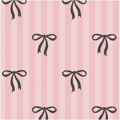 B&Q -  Pink Bow Ribbon Vinyl Wallpaper Blush Stripe Girls Bedroom Nursery Paste Paper