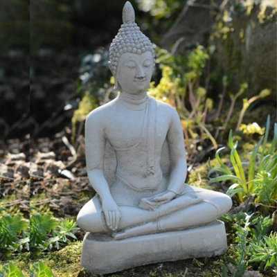 Medium Stone Cast Buddha Statue With Traditional Hat from B&Q