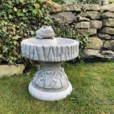 Stone Rustic Garden Birdbath With Frog Atop Garden Ornament from B&Q