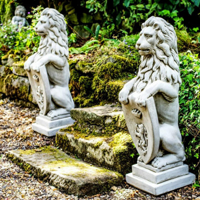  - Pair Of Large Garden Gateway Lion Statues With Shields