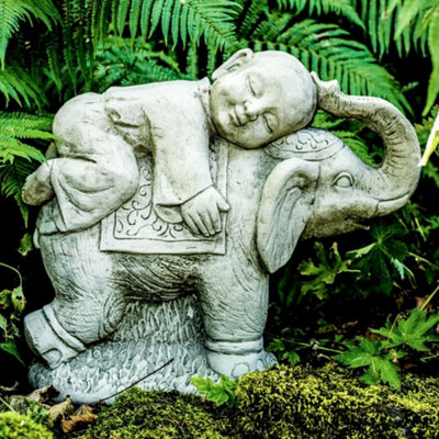 B&Q Boy Buddha On Elephant Garden Ornament