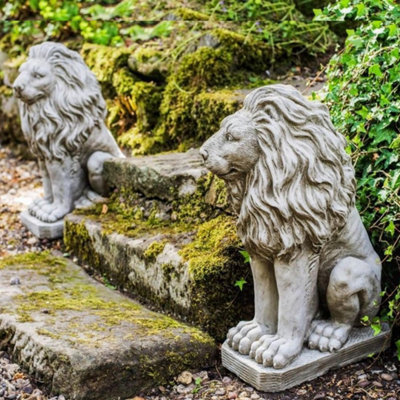  - Pair Of Sitting Lions Stone Garden Statue