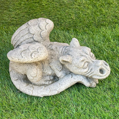 Enchanting  Dreaming Dragon Stone Cast Statue Small Outdoor Ornament Garden Sculpture from B&Q