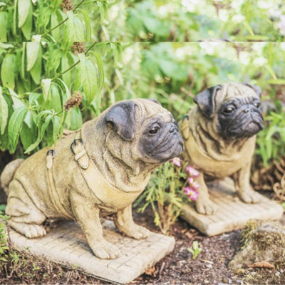 Pair Of Full Size Sitting Pugs Stone Statues