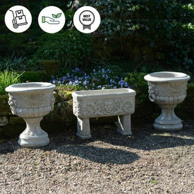 B&Q Pair Of Lion Head Design Stone Vases And Planter Troughs Large B&Q