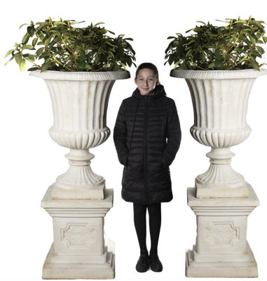  - Pair Giant Fluted White Stone Cast Vases On Plinths 154Cm Tall