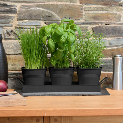 Ckb Ltd Set Of 3 Metal Herb Plant Pots With Drip Tray Traditional Indoor Windowsill Coloured Planter Box (Black) from B&Q