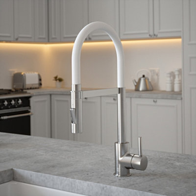 B&Q -  Brushed Nickel Mixer Spray Tap With White Tube