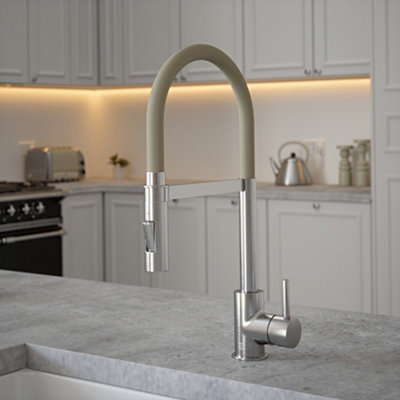 B&Q -  Brushed Nickel Mixer Spray Tap With Ivory Tube