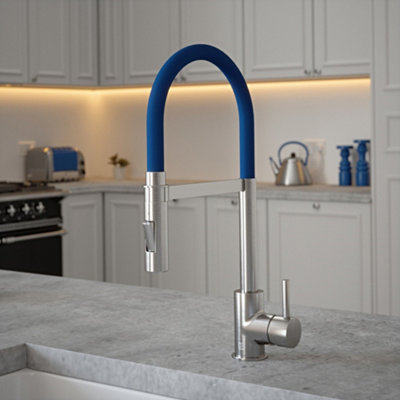 B&Q -  Brushed Nickel Mixer Spray Tap With Blue Tube