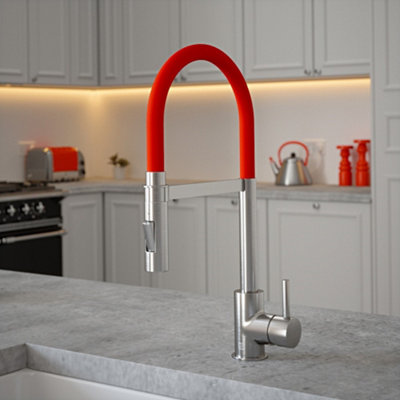 B&Q -  Brushed Nickel Mixer Spray Tap With Red Tube