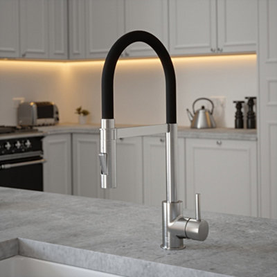 B&Q -  Brushed Nickel Mixer Spray Tap With Black Tube