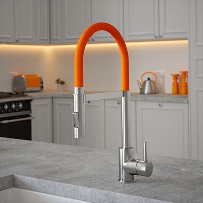 B&Q -  Brushed Nickel Mixer Spray Tap With Orange Tube