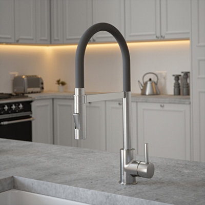 B&Q -  Brushed Nickel Mixer Spray Tap With Grey Tube