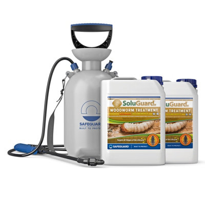 Soluguard Woodworm Treatment (2X5L Clear & Sprayer) Ready For Use & Pump Action Pressure Sprayer. Solvent-Free Woodworm Killer. from B&Q