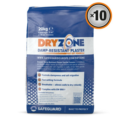 Dryzone Fast-Set Plaster (20Kg X 10 Pack) Breathable Cement-Based Plaster For Salt & Damp Walls. Ideal After Rising Damp Treatment from B&Q