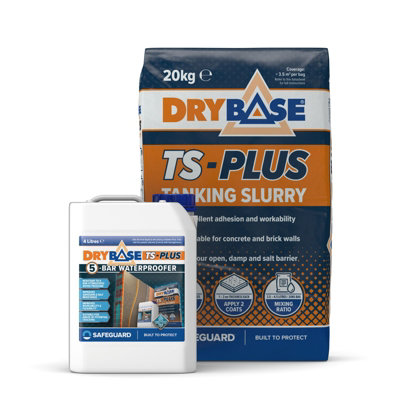 Drybase Ts-Plus Tanking Slurry (20Kg & 5-Bar Waterproofer 4L) For Waterproofing Concrete & Masonry Basements, Foundations & Walls