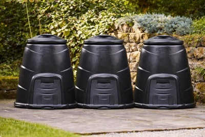 Original Organics 3 Pack 220L Black Recycled Plastic Garden Composter Bins With Front Hatch & Windproof Lid from B&Q