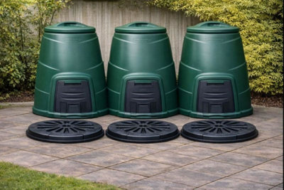 B&Q -  2 Pack 330L Green Recycled Plastic Garden Composter Bins With Base PlatesFront Hatch & Windproof Lids