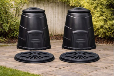 B&Q -  2 Pack 330L Black Recycled Plastic Garden Composter Bins With Base PlatesFront Hatch & Windproof Lids