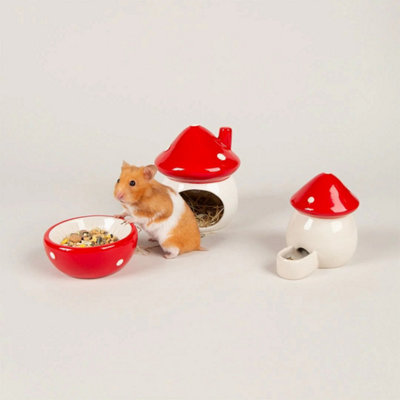 Scruffs Pet Toadstool Ceramic Set - House, Food Bowl & Water Well Small