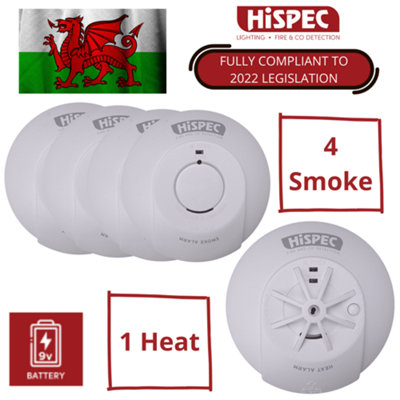 Hispec Mains Powered Smoke Alarm And Heat Detector Kits With 9V Battery Backup: 4 Smoke/1 Heat from B&Q