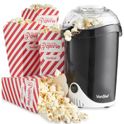 Vonshef Popcorn Maker, 1200W Popcorn Machine W/ Hot Air Circulation, One Touch Popcorn Popper For Kids W/ 6 Boxes, Black