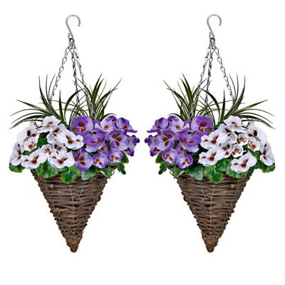 Greenbrokers 2 X Cone Shaped Hanging Baskets With & Flowers And Decorative Grasses (Set Of 2) Purple/White