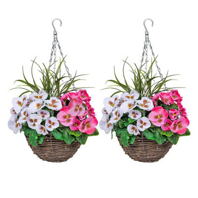 GreenBrokers 2X Artificial Hanging Basketsround Rattan With Pink And White PansiesDecorative Grasses ,25CmIndoor & Outdoor Use from B&Q