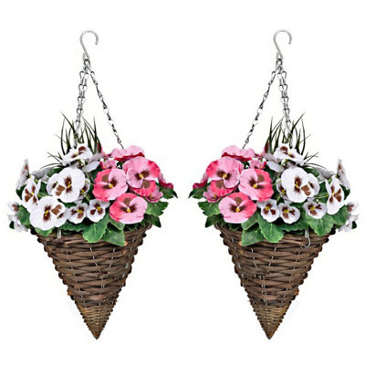 GreenBrokers 2 X Cone Shaped Hanging Baskets With Pink & White Flowers And Decorative Grasses (Set Of 2) from B&Q