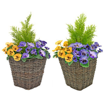 GreenBrokers 2 X Artificial Rattan Patio Planters With Purple And Yellow Faux Silk Pansies And Conifer/cedar Topiary  60Cm/23.5In from B&Q