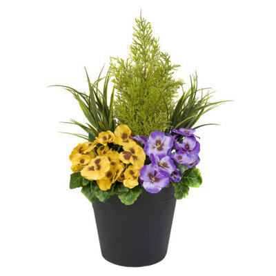 Greenbrokers Artificial And Faux Silk Pansies With Grasses/Conifer Topiary In A Pot Patio Planter 60Cm/23.5In Purple/Yellow/Black