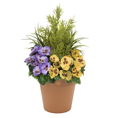 GreenBrokers Artificial Purple And Yellow Faux Silk Pansies With Grasses/conifer  Topiary In A Terracotta Coloured Pot Patio Planter60Cm/23.5In from B&Q