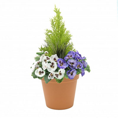 GreenBrokers Artificial Purple And White Faux Silk Pansies With Grasses/conifer Topiary In A Terracotta Coloured Pot Patio Planter 60Cm/23.5In from B&Q