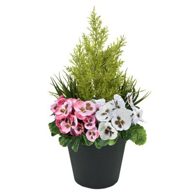 Greenbrokers Artificial And Faux Silk Pansies With Grasses/Conifer Topiary In A Pot Patio Planter 60Cm/23.5In Pink/White/Black