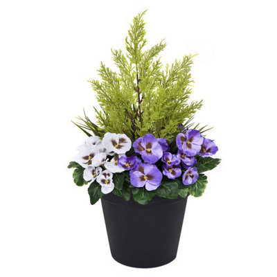Greenbrokers Artificial And Faux Silk Pansies With Grasses/Conifer Topiary In A Pot Patio Planter 60Cm/23.5In Purple/White/Black