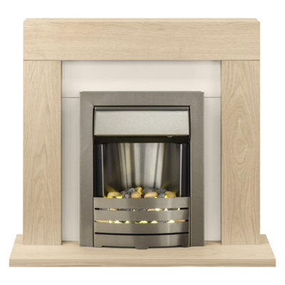 Adam Malmo Fireplace In Oak & With Helios Electric Fire In Brushed Steel, 39 Inch Cream
