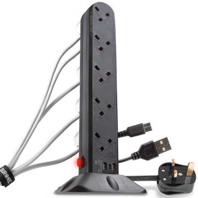 Duronic Surge Protected Extension Lead St10B Black Tower With Usb Multiplug Adapter Cord For Uk Plugs 10 Way 2X Usb Slots 1X Usb-C from B&Q