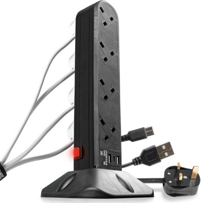 Duronic Surge Protected Extension Lead St8B Black Tower With Usb Multiplug Adapter Cord For Uk Plugs 8 Way 2X Usb Slots 1X Usb-C from B&Q