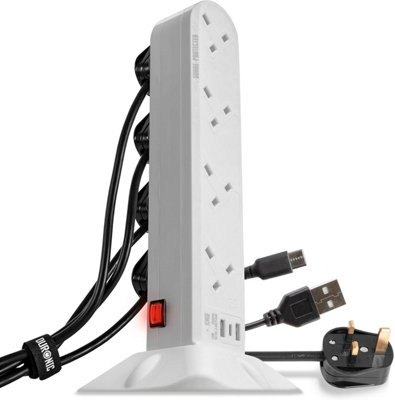 Duronic Surge Protected Extension Lead St8W White Tower With Usb Multiplug Adapter Cord For Uk Plugs 8 Way 2X Usb Slots 1X Usb-C from B&Q