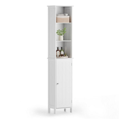B&Q -  Tall Bathroom CabinetWhite Freestanding Storage Tallboy Unit With 6 Shelves & Shaker Tongue & Groove DesignHolbrook