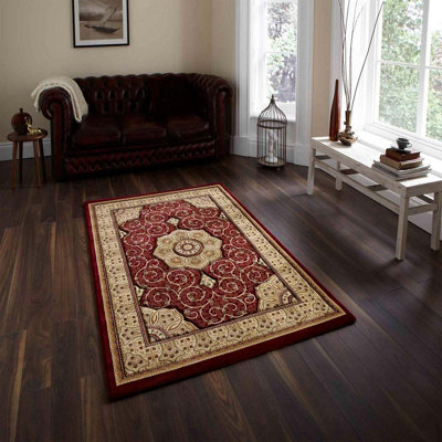  - Red Traditional Easy To Clean Bordered Floral Rug For Dining Room-120Cm X 170Cm